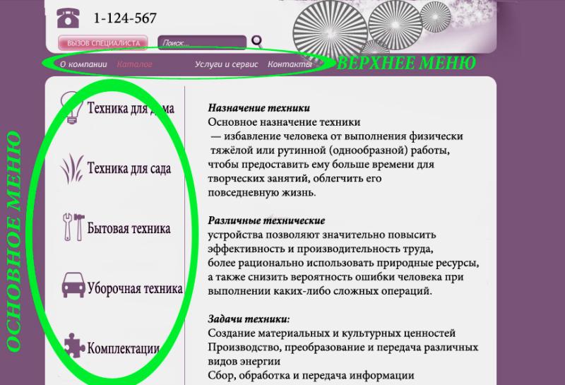 Верхнее меню, Основное меню Верхнее меню, Основное меню